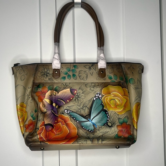 Anuschka Floral Roses and Butterflies Hand Painted Leather Tote NWT and Dust Bag - Picture 1 of 5